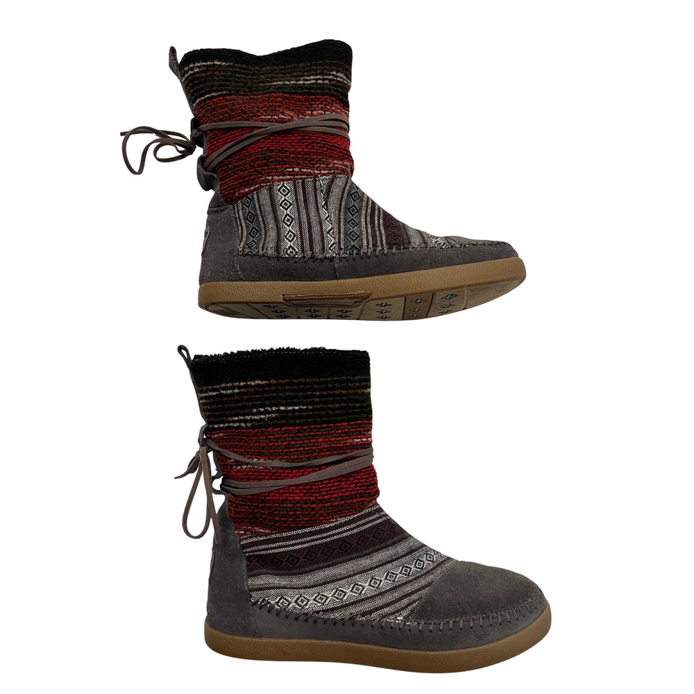 TOMS Nepal Boots Grey Suede Woven Tapestry Faux Fur Lining Mid Calf Size 7